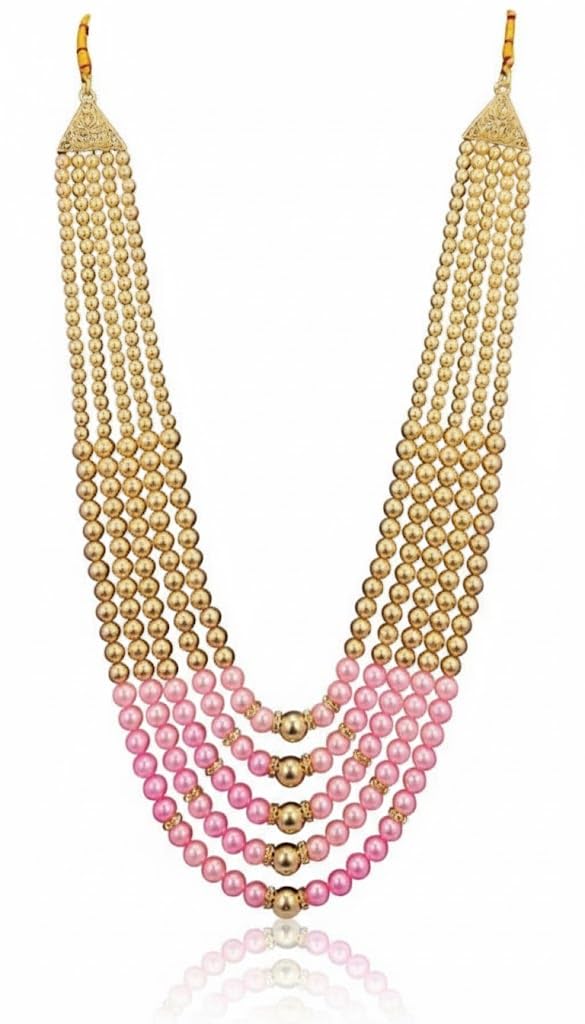 Men's Sherwani Suit, White, Embellished with Pink and Gold Beaded Necklace, Traditional-picture-27