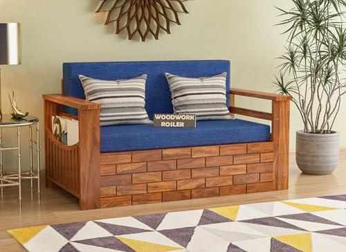 Image of Solid Sheesham Wooden Sofa Cums Bed with Mattresses for Living Room | Rosewood 2 Seater Sofa Cums Bed for Bedroom Without Pillow (B-Natural Finish)