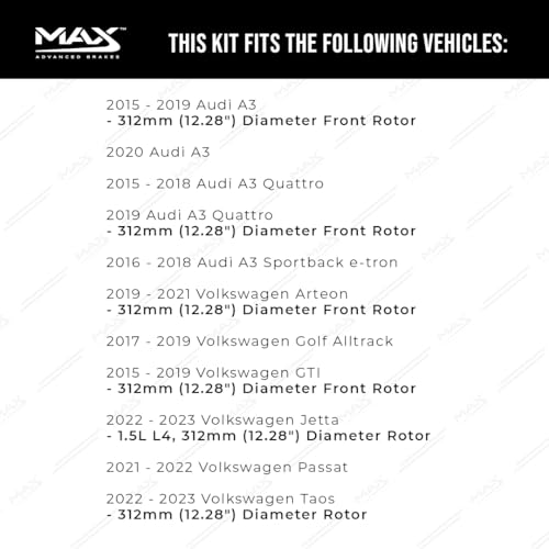 Image of Max Advanced Brakes Front Brake Kit Compatible With 2021 2022 2023 VW Passat Jetta Taos 2017-2019 Golf Alltrack Arteon Replacement Cross Drilled Disc Brake Rotors and Ceramic Brake Pads