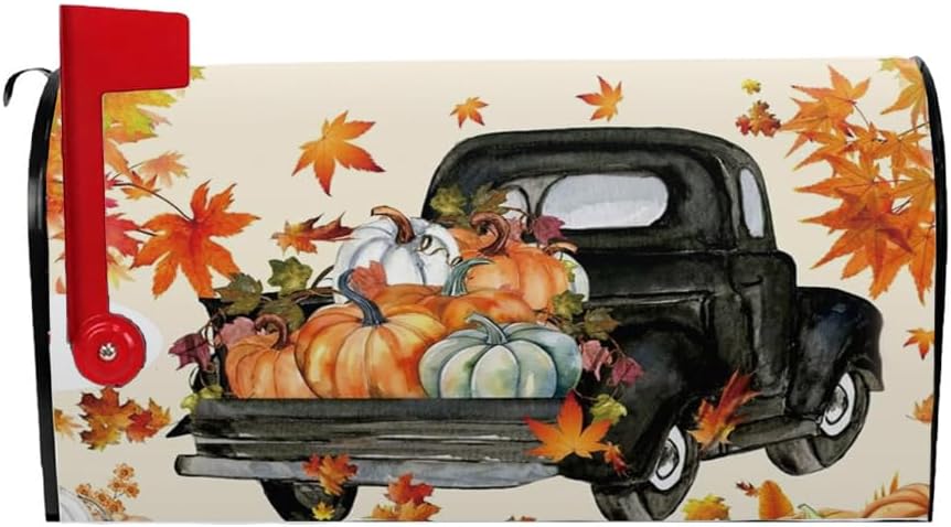 Black Vintage Truck Magnetic Mailbox Cover with Pumpkins & Maple Leaves, Waterproof Oxford Cloth Mailbox Wrap, Outdoor Garden Yard Home Decor for Standard Size 18" x 21"