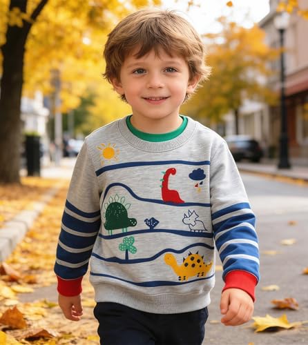Image of Popshion Toddler Boys Sweatshirts Dinosaur Long Sleeve Pullover Crewneck Shirts Cartoon Tee Sport Tops for Kids 1-8T