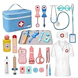 Teneytoyz Arztkoffer Kinder Holz, Doktorkoffer Kinder mit Echtem Stethoskop, Thermometer, Spritze, Arzttasche und Arztkittel, Geschenk für Kinder Rollenspiele Spielzeug ab 2 3 4 5 Jahren
