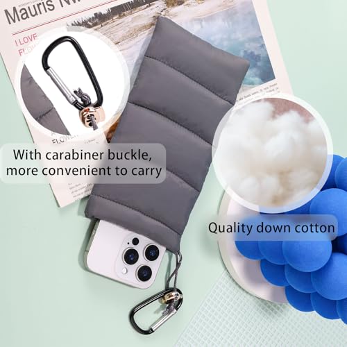Lyreh Thermo Handyhülle, Daunen Baumwolle Warme Handyhülle Verhindert Einfrieren und Überhitzen Handyschutz Handytasche mit Karabiner Ideal für Outdoor Camping Wandern Skifahren (Grau)