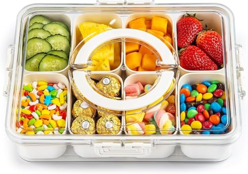JNYLYFC Divided Serving Tray with Lid & Handle Snack Box with 8 Compartments Snack Tray Food Storage Container for Travel Party & Picnic Clear Organizer for Veggie Candy Fruit Nut