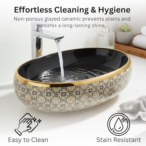 Image of Wallace Premium Countertop Wash Basin 60x40x15 cm | Oval Ceramic Table Top Sink | Black Interior with Royal Gold Ornate Pattern | Luxury Designer Vanity Wash Bowl for Modern Bathrooms