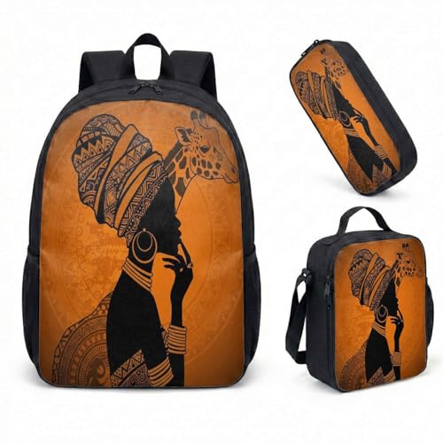 Mochila feminina africana com estampa tribal de 43 cm, conjunto de 3 peças, silhueta étnica, mochila de viagem, arte de patrimônio cultural, 04, Large, Mochila estampada