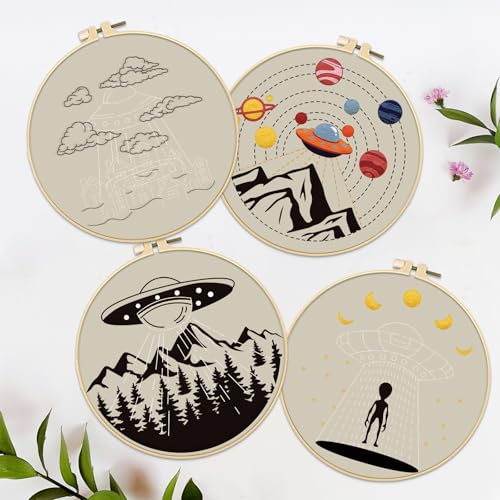Image of FREEBLOSS 4 Set 8'' Embroidery Kit for Beginners UFO&Alien Pattern Embroidery Kit with Instructions Full Kit of Embroidery Cloth 2 Embroidery Hoops 9 Colors Flosses
