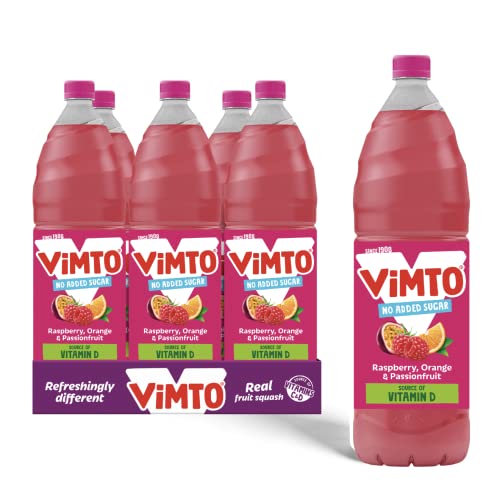 Vimto Fruit Squash – No Added Sugar – Raspberry, Orange & Passionfruit – Vitamin D – 6 x 1.5L Bottles – Vegetarian – Low Calorie Cordial