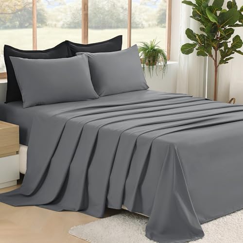 Litanika Comforter California King Size Set Black Grey - 7 Pieces Bed in a Bag California King Bedding Comforter Sets, Plain Lightweight Bed Set with Comforter, Sheets, Pillowcases & Shams