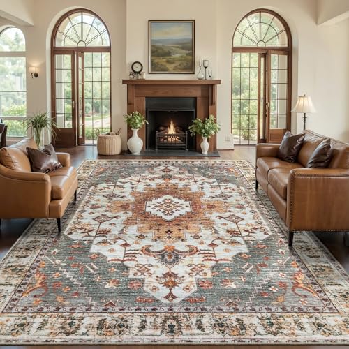 Image of Tangsoo Vintage 6x9 Washable Area Rug for Living Room, Oriental Indoor Non Slip Large Area Rugs, Print Distressed Carpet, Soft Low Pile Rug Foldable Floor Rugs for Bedroom Dining Room Turmeric