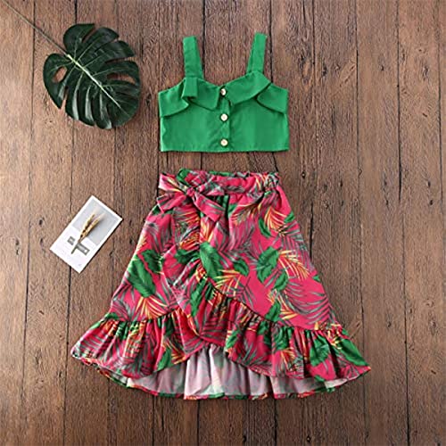 Toddler Kids Girl Strap Green Shoulder Cropped Top + Floral Ruffled Maxi Skirts Dress Summer Boho Clothes Set2