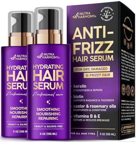 Hydrating Hair Serum for Dry & Frizzy Hair, Lightweight Leave-In Anti-Frizz Treatment, Non-Greasy Split Ends Repair with Keratin, Biotin, Castor & Rosemary Oils, Smooth Shine & Heat Protection, 2 Pack
