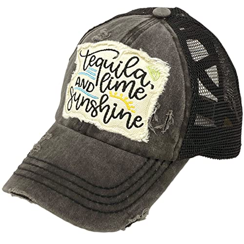 C.C Ponytail Criss Cross Messy Buns Ponycaps Baseball Cap Dad Trucker Mesh Hat (Distressed Patch Tequila Lime Sunshine Black)