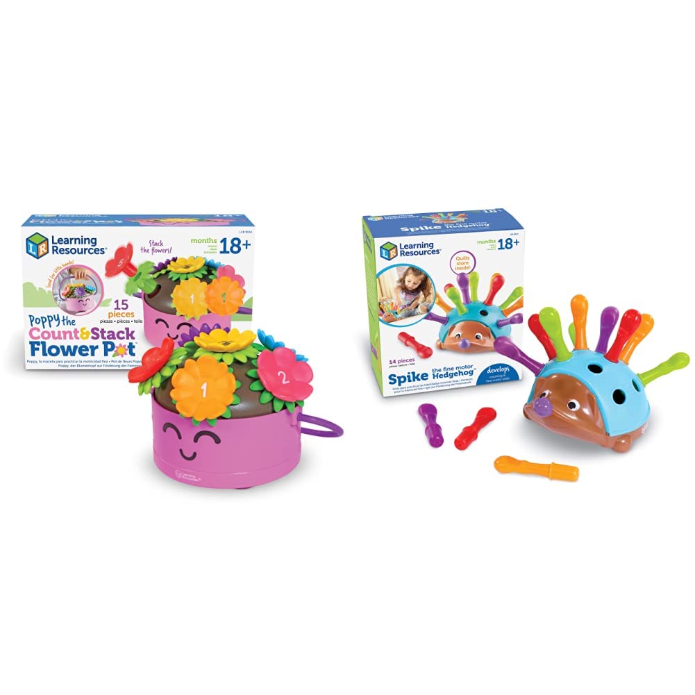 Learning Resources Poppy The Count & Stack Flower Pot - 15 Pieces & Spike The Fine Motor Hedgehog, Sensory, Fine Motor Toy, Hedgehog Toys for Toddler, Ages 18 Months+