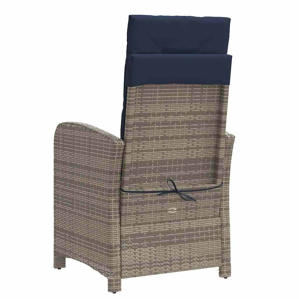 Poltrona da giardino con poggiapiedi, regolabile, in polyrattan grigio, per balcone e giardino, robusta, resistente ai raggi UV, con comodi cuscini