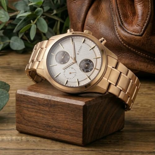 Image of Titan Classique Neo Splash Analog with Cream Dial Carnation Gold Stainless Steel Strap Watch for Men - 1805WM02