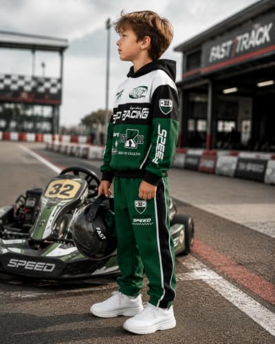 Image of Boy 2 Piece Outfits Long Sleeve Racing Hoodie Top and SweatPants Fall Winter Clothing Set Sizes 5-12 Years