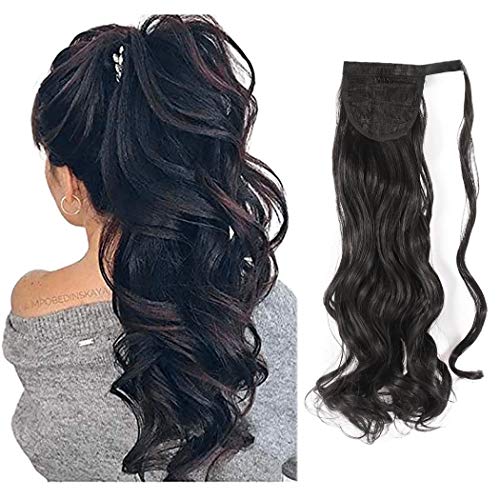 Cagora Ponytail Extension Curly Wavy Clip in Pony Tail Extensions Wrap Around Hairpiece Claw Synbthetic Ponytails Magic Paste Hair Wraps Human Hair Ponytail for Women (Jet Black(1B))