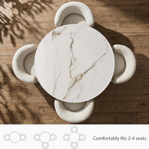 Image of 63 inch Tulip Table, Small Round Dining Table with 1.2 inch Thick Sintered Stone Tabletop and Golden Metal Pedestal Base, Bistro Table for Diner, Bar, Restaurant, kitchen, Bakery, Apartment (Marble Platinum)