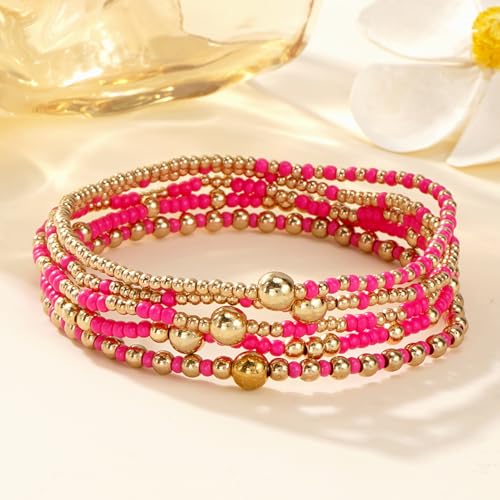 Rainbow Hot Pink Beads Stack Bracelets for Women, 5Pcs Cute Boho Handmade Gold Beaded Stackable Stretch Bracelet Everyday Fashion Jewelry Gift.4