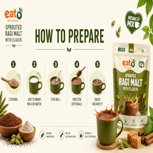 Image of Eat5 Instant Sprouted Ragi Malt with Elaichi | (300gms) |Instant Health Drink Mix | Rich in Calcium & Iron | No Preservatives | Natural Ingredients | Kids & Family Nutrition
