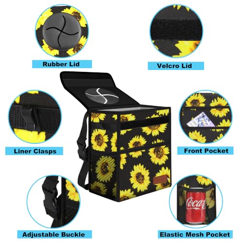 Image of Femuar Leak Proof Car Trash Can with Lid, Collapsible Hanging Waterproof Car Trash Bag with Mesh Pocket for SUV Front Seat Headrest, Large /Sunflower