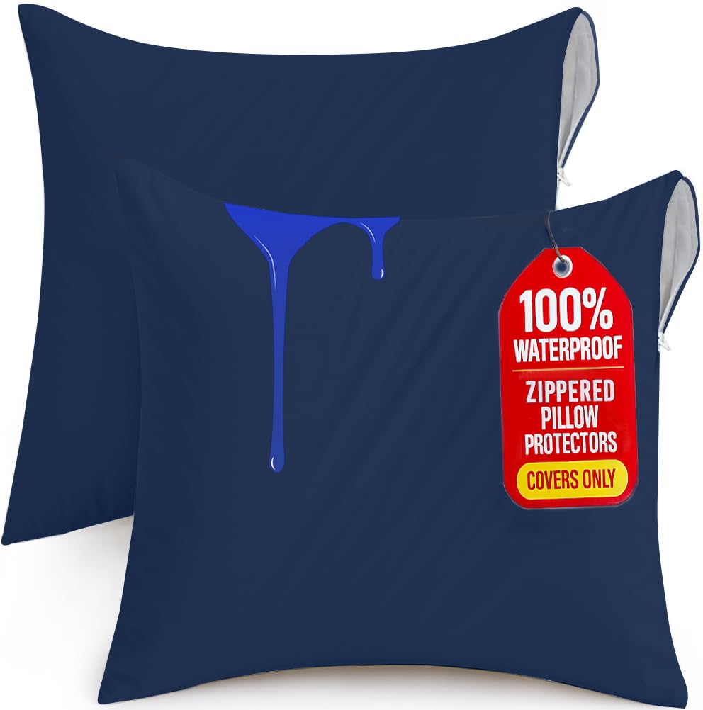 Utopia Bedding Waterproof Throw Pillow Protectors (No Pillow Inserts) with Zipper European (2 Pack, Navy Blue), Outdoor Bed Couch Decorative Pillow Encasement Covers