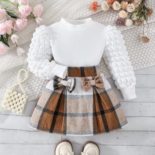 Image of Noubeau Toddler Girls Plaid Outfits Girls Puff Sleeve Knit Ribbed Shirt Tops Plaid Skirt Set Kids Fall Winter Clothes