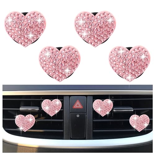4PCS Heart-Shaped Car Vent Clips with Rhinestone,Bling Air Vent Clips Car Decorations,Premium Shiny Car Clips for Vents CCar Accessories Interior for Cars,Trucks,SUVs (Pink)