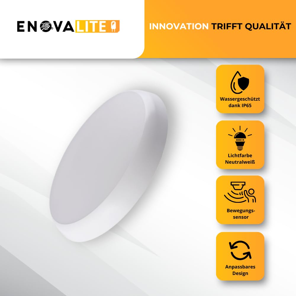 2x LED Deckenleuchte mit Bewegungsmelder 18W 4000K Neutralweiß 1880lm - IP65 wasserdichte Deckenlampe für Badezimmer, Küche, Flur, Keller, Garage - Rund ø250x48mm