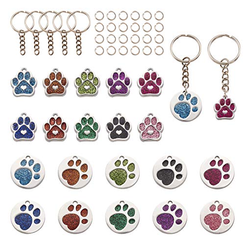 PandaHall 20pcs Dog Cat Paw Charms Pendants Animal Glitter Footprint Dangle Charms with Jump Rings & Split Key Rings for DIY Jewelry Making