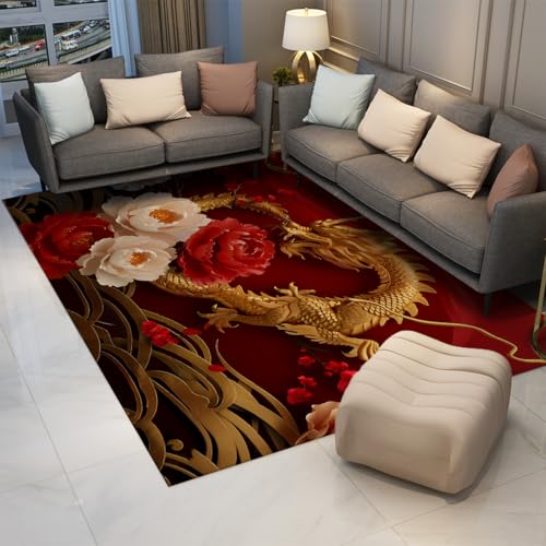 Tapis poil ras antidérapant rouge chinois motif dragon luxe 180x240