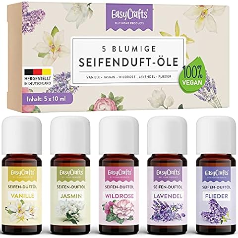 EasyCrafts® Seifenduftöl Bio - Seifenduftöl Set aus 5 x 10 ml blumige Düfte zum Seife selber Machen Set - Geeignet für die Seifenherstellung mit Glycerinseife & Shea-Butter - Vegan Made in Germany Cover