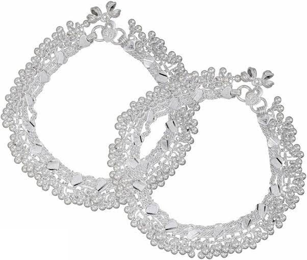 Image of Indian Traditional White Metal Anklets Payal Pair for Women Girls with Attached Ghungroo - Fashion Designer Barefoot Foot Imitation Jewellery