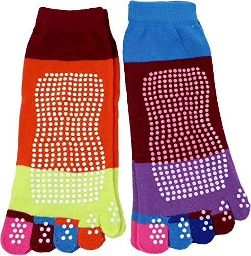 Women 5-Toe Colorful Yoga Socks, Non Slip Massage Gym Ankle Socks, Perfect for Sports, Yoga, Gym, Pilates, Exercise, Dance Socks, Multicolor Socks with Full Grip (Pack of 1)