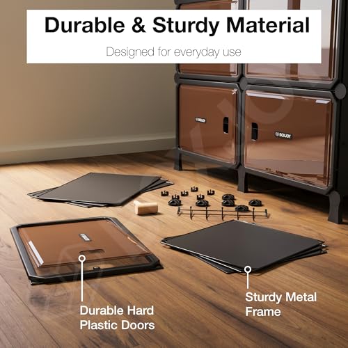 Image of BOXJOY 8 Shelf Horizontal Shoe Rack with 4 Doors, Magnet & 5 Hook Steel Holder for Home Storage Box Organizer, Hard PET Plastic with Metal Door Frame, Shoe Chappal Slipper Stand(Black, Brown Door)