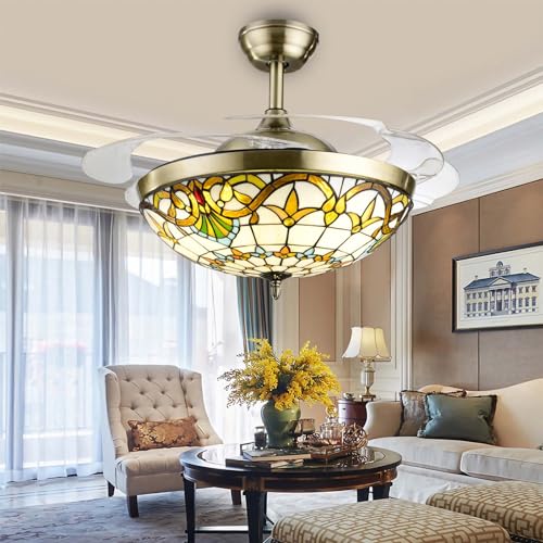 Ventiladores de Techo con Luz Silencioso Estilo Tiffany, 107cm Lampara Techo con Ventilador Vintage, Ventilador Luz Techo Aspas Retráctiles, Temperatura de Tres Colores 6 Velocidades Transparent