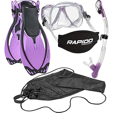 Phantom Aquatics Rapido Boutique Collection Marine Adjustable Snorkeling Fin Tempered Glass Mask Snorkel Set with Carry Net Bag (Lilac, S/M, US: 6-9 / EU: 38-42) Cover