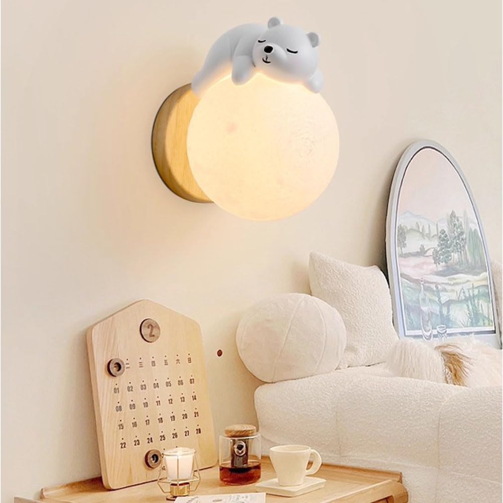 EaEa LED Mond Wandleuchte Kinderzimmer Holz Wandlampe Kreative Schlafende Bär Junge Mädchen Dekorative Nachtlicht 3000K/4500K/6000K Kinder Nachttisch Wandbeleuchtung für Schlafzimmer Babyzimmer, Weiß