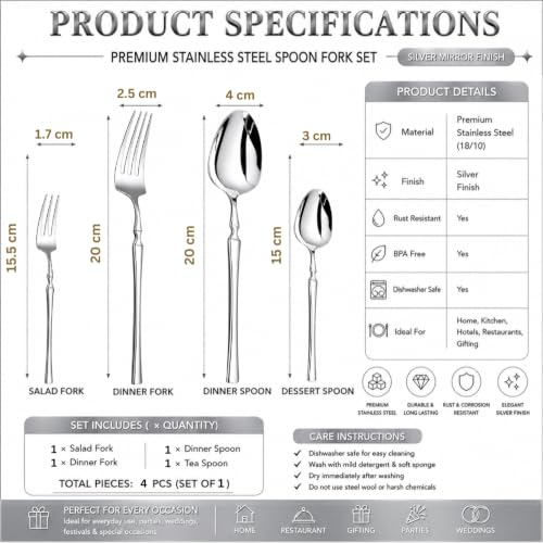 Image of 4 Pcs Silver Stainless Steel Cutlery Set for Dining Table | 1 Dinner Spoon, 1 Dinner Fork, 1 Dessert Spoon & 1 Fruit Fork (Perfect Spoon Fork Set for Kitchen)