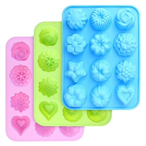 homEdge Food Grade Silicone Flowers Molds, Baking Pan with Flowers and Heart Shape Non-Stick FDA Approved 3-Pack Silicone Molds for Chocolate, Candy, Jelly, Ice Cube, Muffin (Pink, Blue and Green) Cover