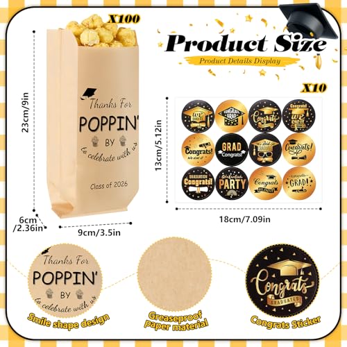 Image of AmazingSpark 100 Pcs Class of 2026 Graduation Popcorn Bags with Stickers Thanks for Popping by Popcorn Bags to Celebrate Smile Style Grease Resistant Paper Individual Servings for Party Favors (Brown)