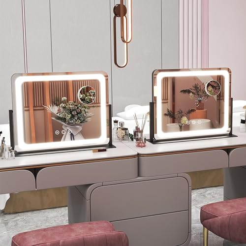 Image of ROLOVE 22x17 Inch Lighted Vanity Mirror with Dimmable LED Lights - 3 Color Modes, Smart Touch Control & 360 Rotating Base - Desk Makeup Mirror (Black)
