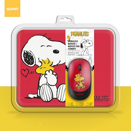 Image of SOAR Peanuts Mouse & Mouse Pad Combo Red- Snoopy and Woodstock Hug