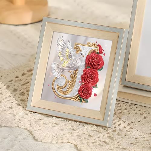 Image of AiYuanzsh 5D Diamond Art Kits for Adults Letter J, Joyful Floral Rose & Dove Special Shape Diamond Painting for Beginners, DIY Initial Diamond Art Craft for Home Wall Decoration 17x17cm