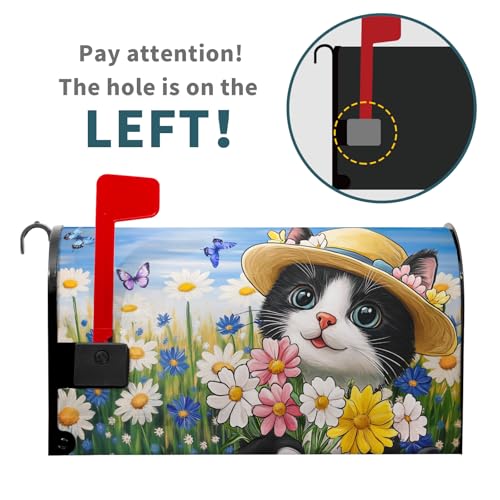 Image of Spring Summer Cat Mailbox Cover Magnetic Large Size 21 inchx25 inch Welcome Spring Daisy Flowers Decorative Mailbox Covers Farmhouse Floral Mailbox Wraps Post Letter Box Cover for Home Courtyard Garden Yard