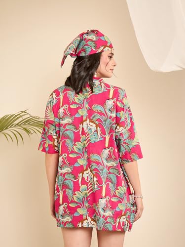 Image of WineRed Cotton Woman Beige 3Pcs Coord Set With Shorts, Floral
