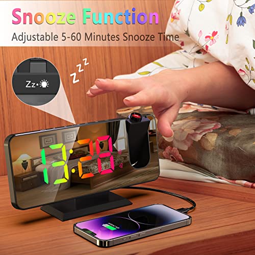 Warbler Projection Alarm Clock For Bedroom Ceiling, Large Display Rgb Mirror Alarm Clock Led Projectable Clock For Bedroom With Ceiling Projection, Dual Alarms With Usb Charger Port,12/24H, Snooze #TOP1