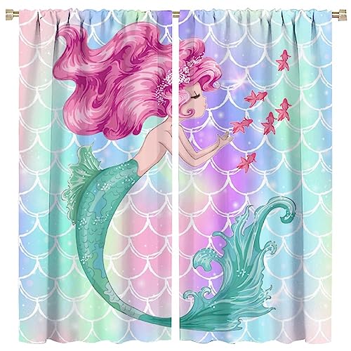 SENQIAN Cartoon Mermaid Curtains for Baby Girls Home Party Decor Nature Ocean Rainbow Scales Rod Pocket Blackout Window Drapes for Kitchen Living Room Bedroom W26xL84in 2 Panels