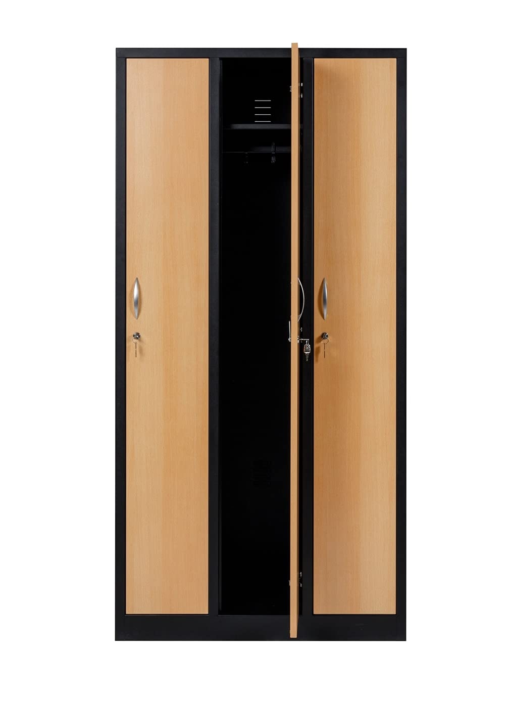 furni24 Garderobenschrank 90 cm x 50 cm x 180 cm schwarz/buche 3-türig 30 cm Abteilbreite fertig montiert Verschiedene Ausführungen verfügbar